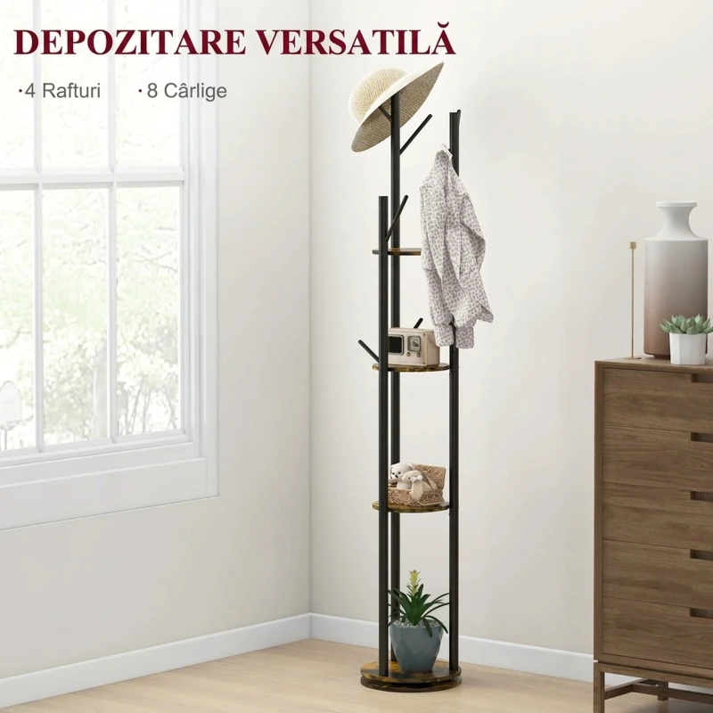 HOMCOM Cuier rotativ de podea cu 8 cârlige și 4 rafturi, stil industrial, Ø30x175cm, maro