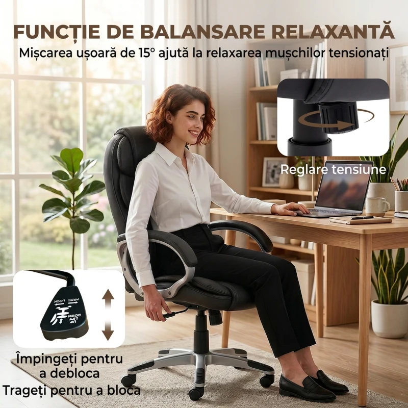 HOMCOM Scaun de Birou Ergonomic Rotativ din Piele PU, Funcție Legănare, Înălțime Reglabilă, Capacitate 120kg, Negru