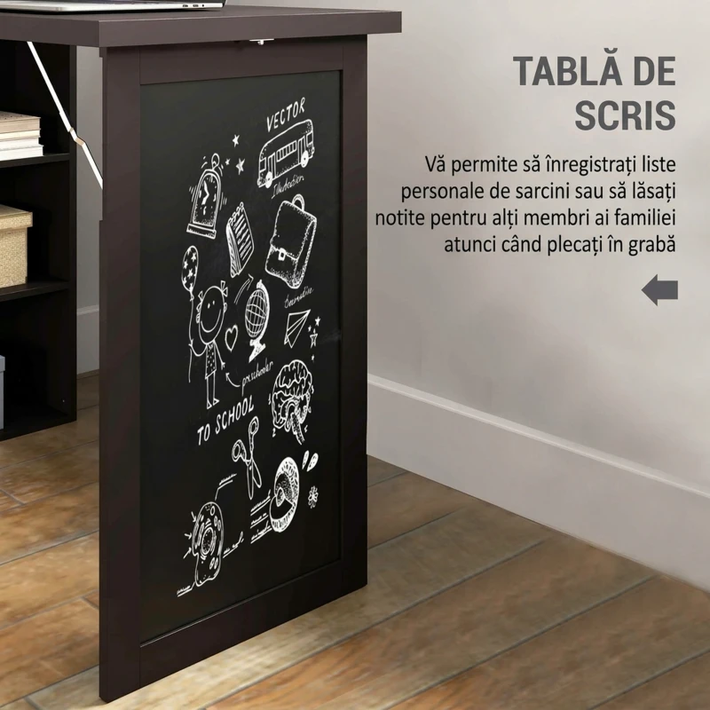 HOMCOM Birou Modern Pliabil cu Bibliotecă și Tablă, din Lemn și Metal, 98x51x153 cm, Maro