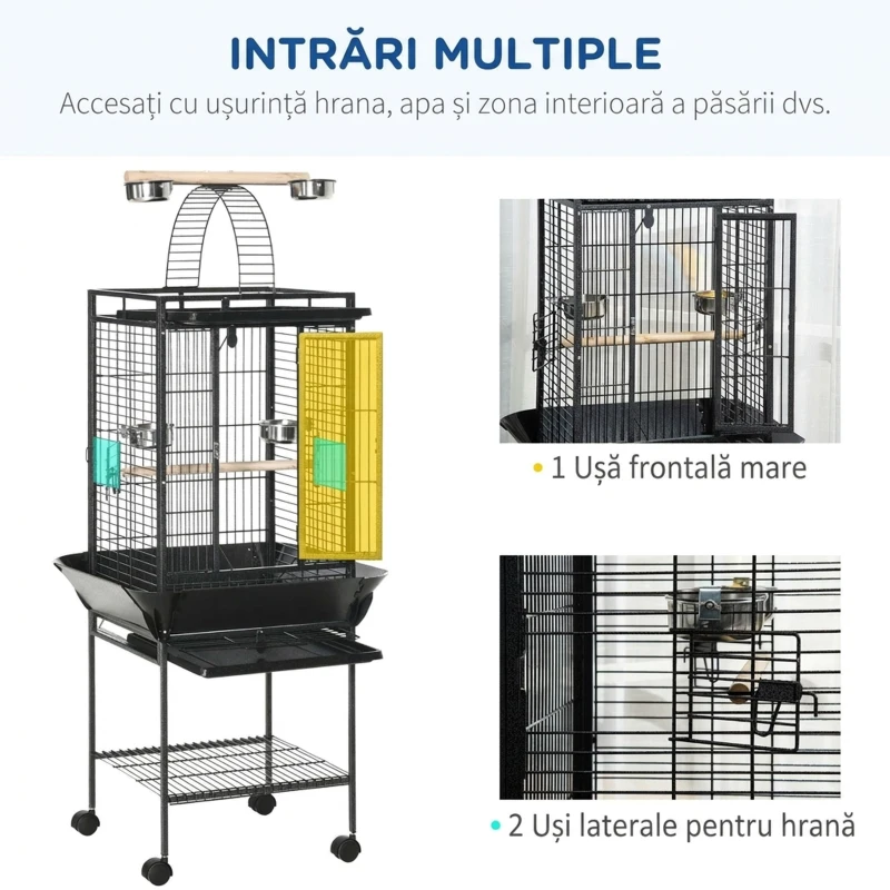 PawHut Colivie pentru Peruşi cu 2 Stinghii și Scară în Arc, din Oțel, 62,5x62,5x156 cm, Gri