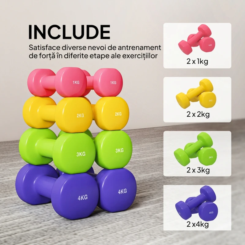 HOMCOM Set 4 Gantere Hexagonale de 20 kg în Total din Oțel și PU de la 1 la 4 kg, Multicolor