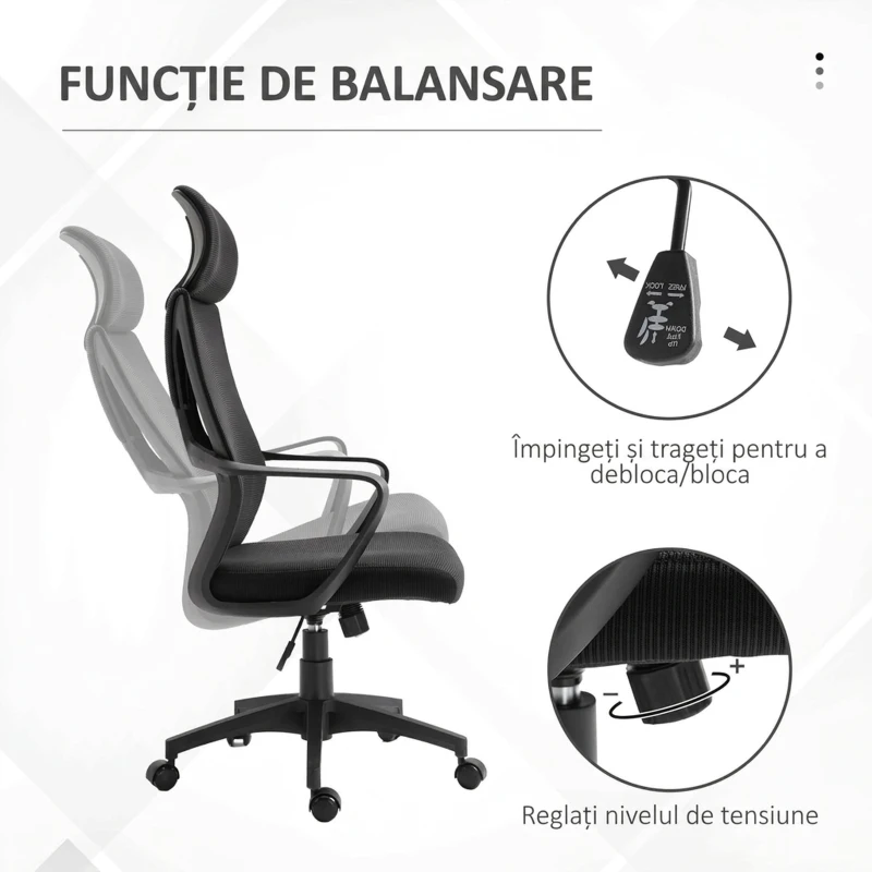Vinsetto Scaun de Birou Rabatabil cu Tetieră și Suport Lombar, din Poliester, 64x55x116-126 cm, Negru