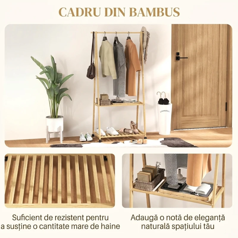 HOMCOM Cuier din Bambus cu Raft pentru Încălțăminte, 2 Cârlige, Cuier Mobil pentru Hol, Sufragerie, Natural