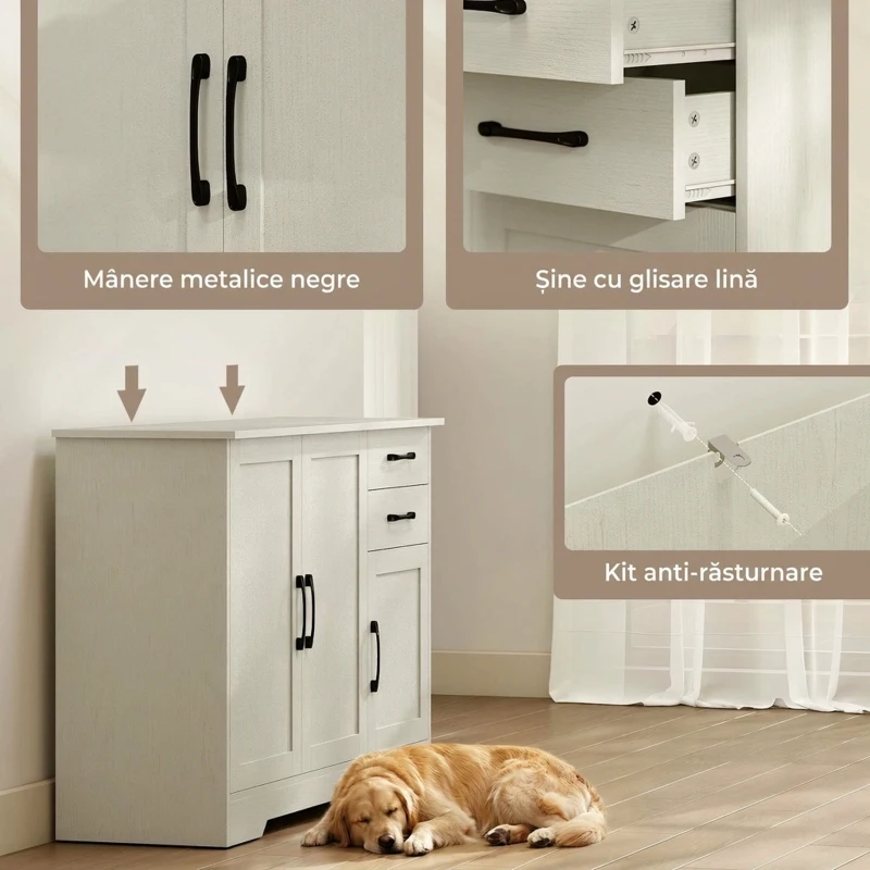 HOMCOM Mobilier Bucătărie cu 2 Sertare și 3 Dulapuri, Polițe Reglabile, 120 x 38 x 79 cm, Crem