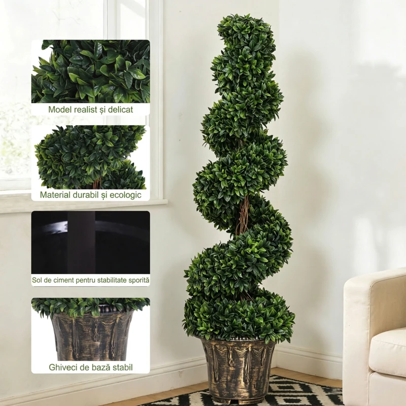 Outsunny Set 2 Plante Artificiale de Buxus în Formă de Spirală pentru Interior și Exterior cu Ghiveci, Ø32x120 cm, Verde