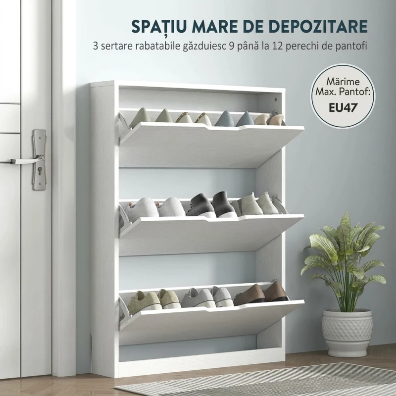 HOMCOM Pantofar Slim cu 3 Sertare Rabatabile cu Decupaj Inferior, din Lemn, 80x17x108 cm, Alb