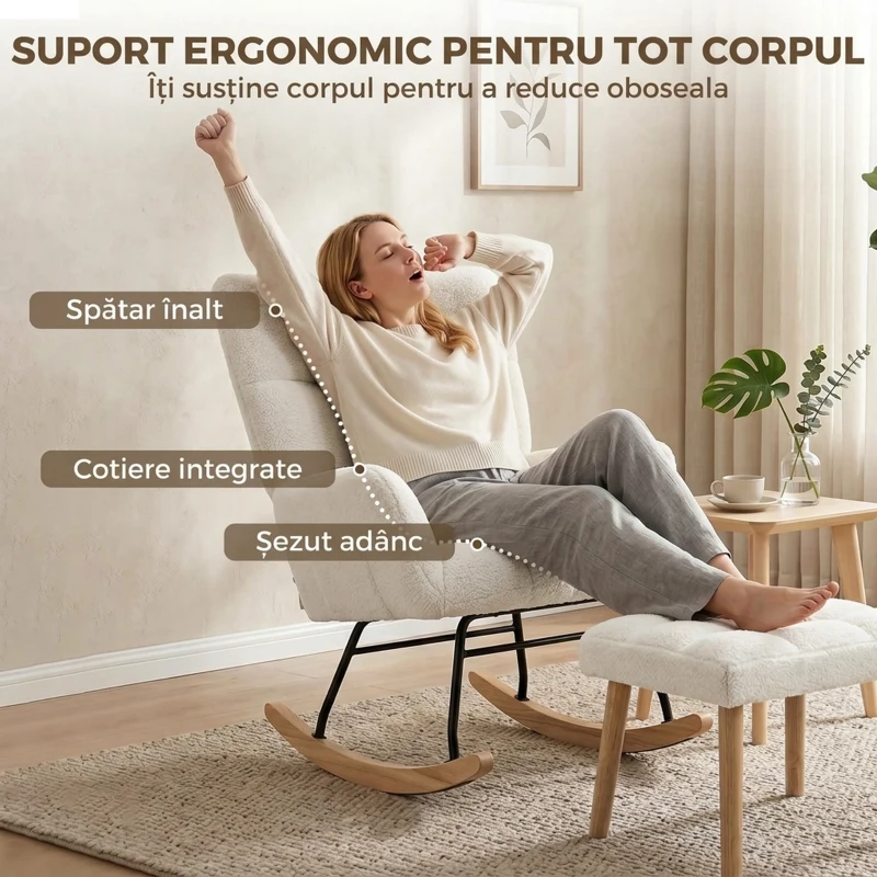 HOMCOM Fotoliu Balansoar din Sherpa cu Taburet, Buzunare Laterale, Șezut Gros, Design Matlasat, Crem