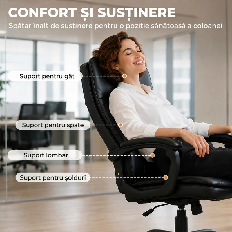 HOMCOM Scaun de Birou Rotativ din Piele PU, Funcție Legănare, Spătar Înalt, Reglabil pe Înălțime, Suportă 120 kg, Negru