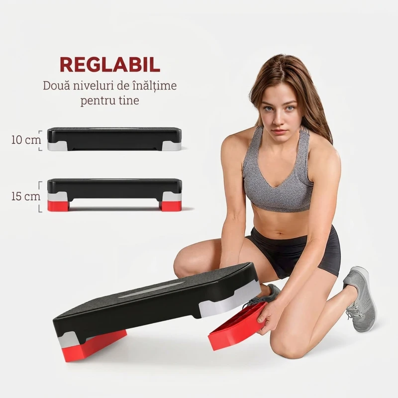HOMCOM Step Fitness pentru Aerobic cu Înălțime Reglabilă 10-15 cm, 68x29cm Negru și Roșu