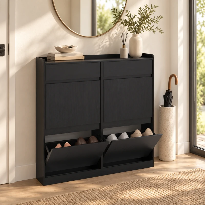 HOMCOM Zapatero Slim en Madera con 4 Cajones Abatibles y 2 Cajones Deslizantes, 98x19.2x95.3 cm, Negro