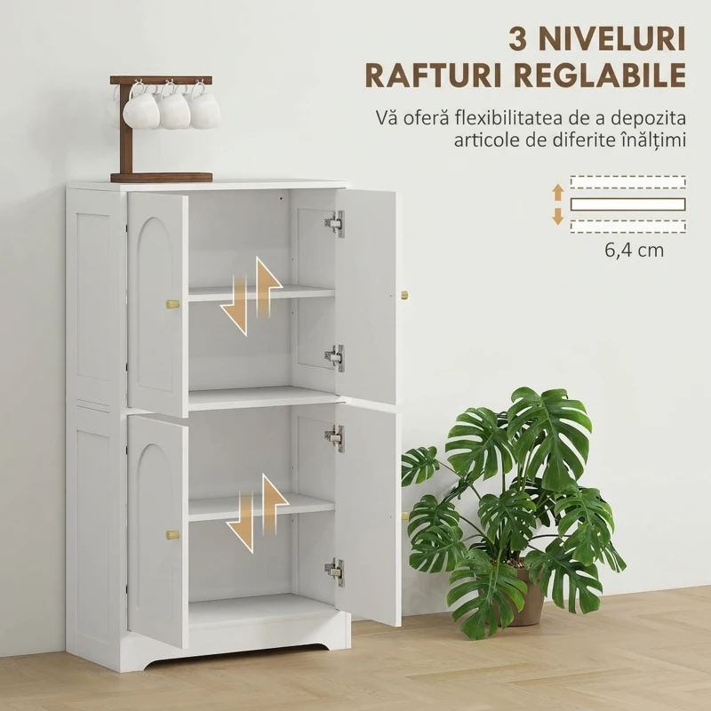 HOMCOM Comodă Bucătărie cu 2 Dulapuri, 4 Uși, 2 Rafturi Reglabile, Alb