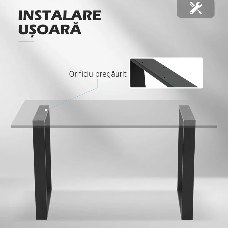 HOMCOM Set 2 picioare pentru masă dreptunghiulare, stil industrial, din oțel, capacitate 60 kg, 60x8x72 cm, negru
