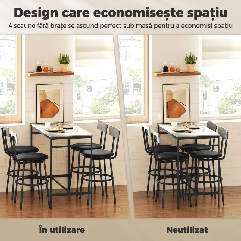 HOMCOM Set masă înaltă și 4 scaune de bar cu spătar și suport pentru picioare, stil industrial, gri ciment