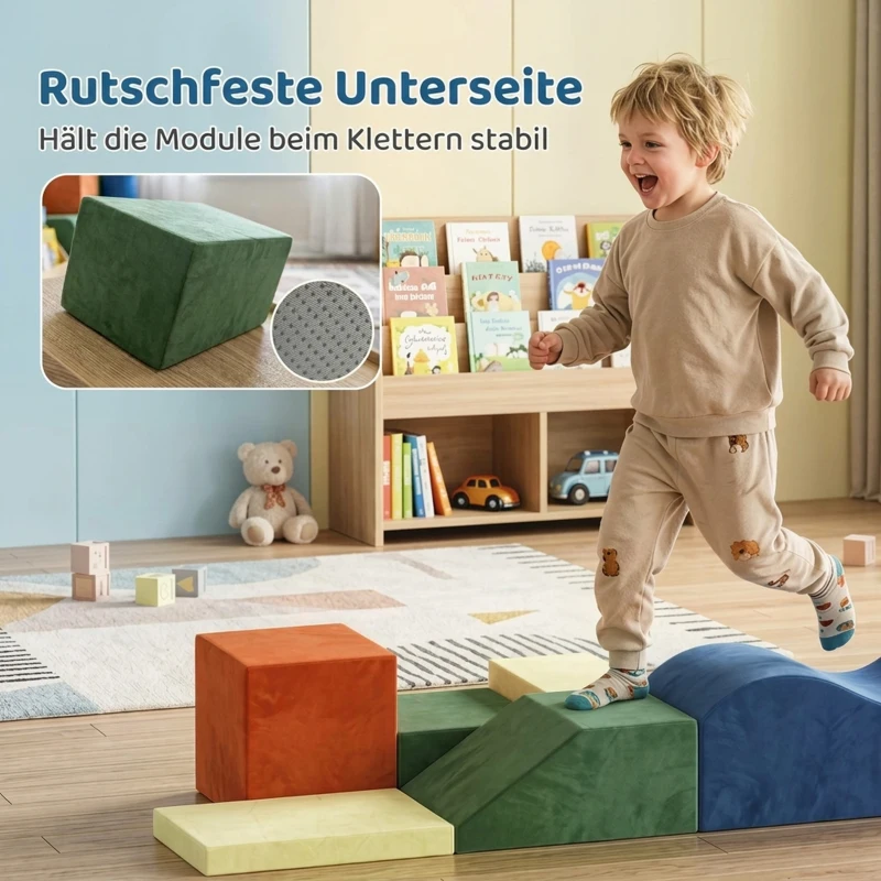AIYAPLAY Schaumstoff Bausteine für Kinder Klettern 6 teilige Indoor Softbausteine mit utschfester Unterseite Samtoptik XXL Bunt