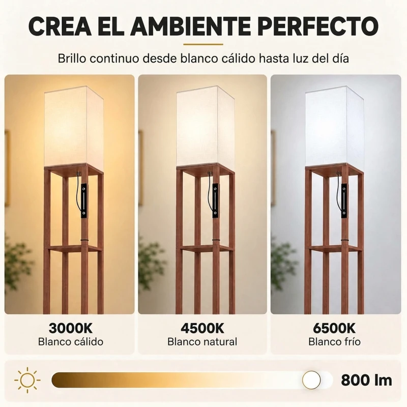 HOMCOM Lámpara de Pie con 3 Estantes Luz LED Regulable Control Táctil y Remoto Pantalla de Tela Bombilla Incluida Marrón