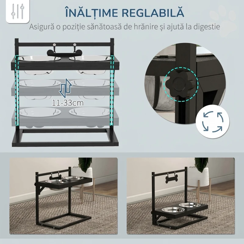 PawHut Suport Boluri pentru Câini Ridicat cu Înălțime Reglabilă, 2 Boluri din Oțel de 900ml, Negru