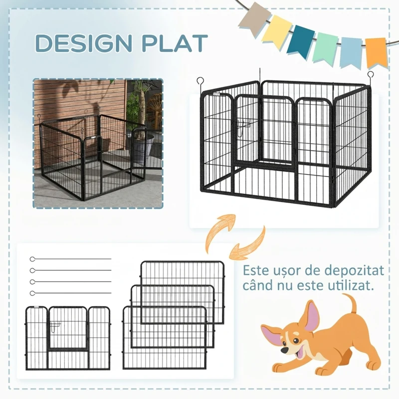 PawHut Gard pentru Câini Pliabil din Metal, pentru Interior și Exterior cu Ușă și Țăruși, 82x82x60cm Gri