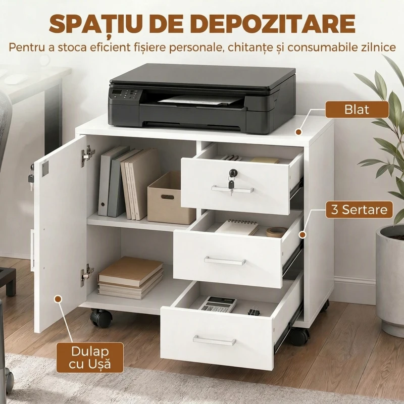 HOMCOM Dulap pentru birou cu 3 sertare și dulap cu 3 rafturi reglabile, din lemn, 60x40x56 cm, alb