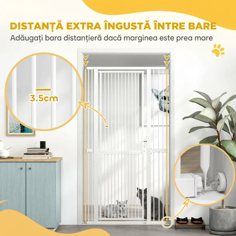 PawHut Poartă pentru Câini și Pisici, Înaltă de 180 cm, Extensibilă de la 77-104 cm, Montaj prin Presiune, Albă