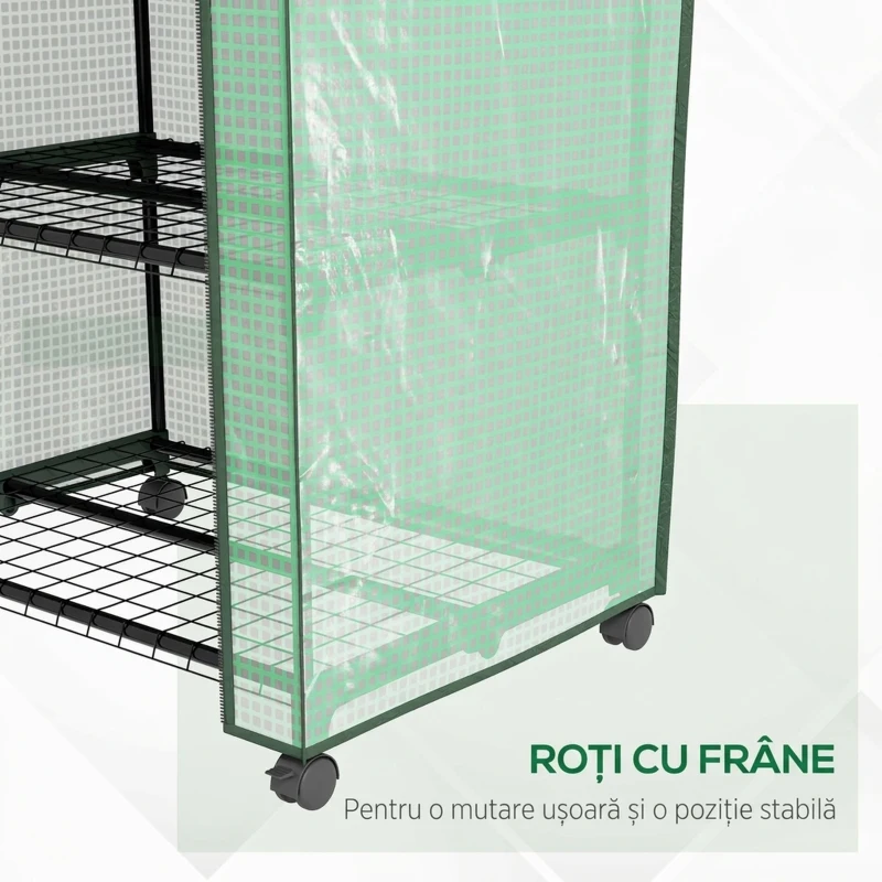 Outsunny Mini Seră de Grădină cu Acoperire din PE, 3 Rafturi și Roți, 69x49x130cm, Verde