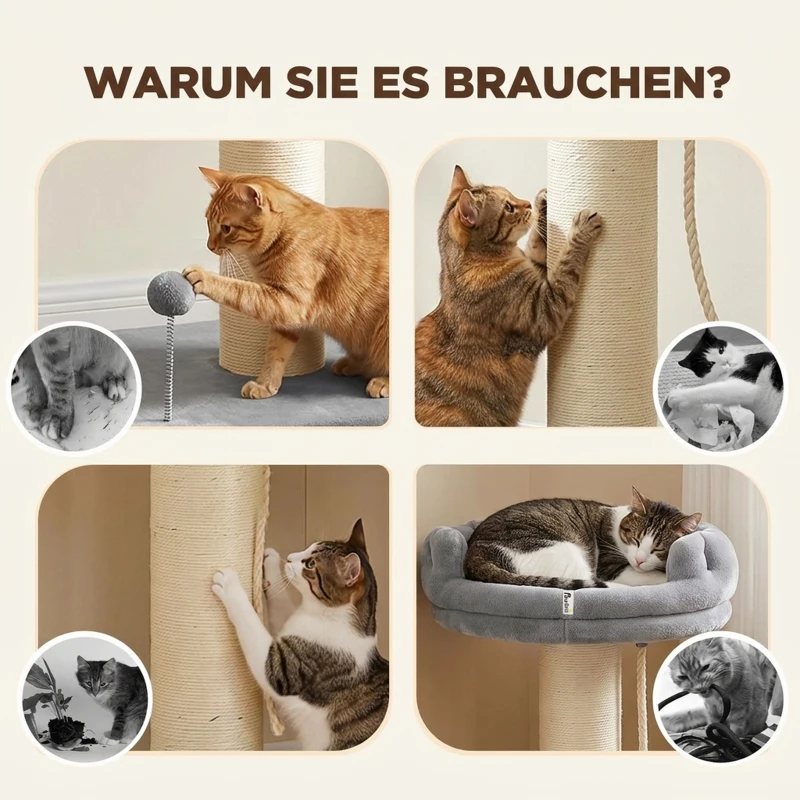 PawHut Krabpaal met kattenbed, 1 ligplek, incl. kattenspeeltje, 55 x 55 x 83 cm, grijs
