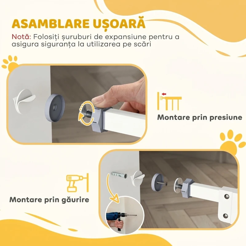 PawHut Poartă pentru câini reglabilă până la 100 cm fără șuruburi, cu 2 extensii și înălțime de 72 cm, albă
