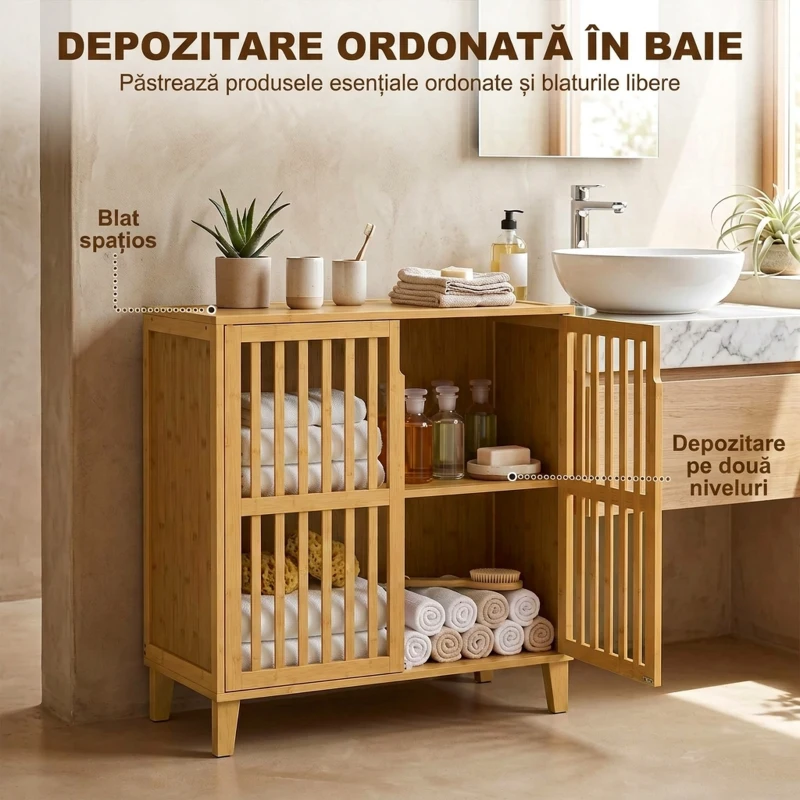 HOMCOM Dulăpior de Baie Îngust din Bambus cu Raft Reglabil, Natural