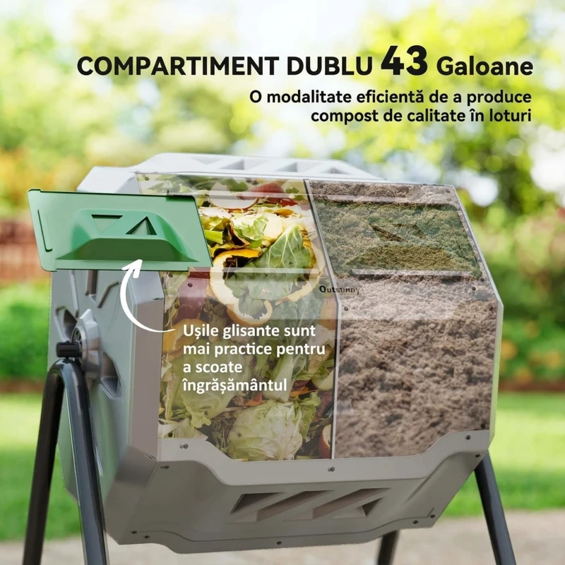 Outsunny Compostor de grădină rotativ cu 2 compartimente și 8 orificii de aerisire, din oțel și PP, 71x65x96 cm, gri
