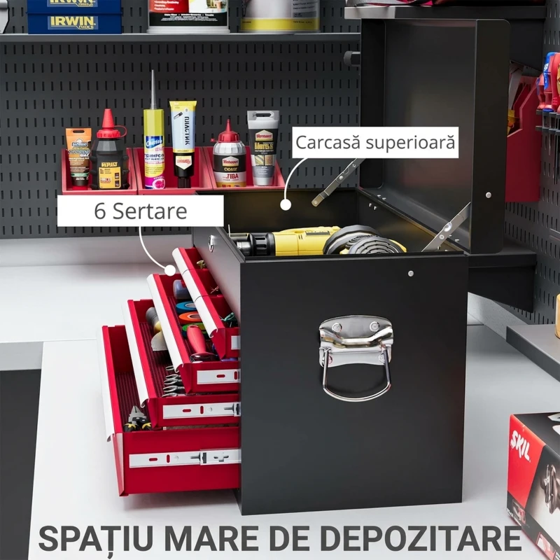 HOMCOM Cutie pentru Scule cu 6 Sertare din Oțel cu Încuietoare, 60x26x34cm, Negru și Roșu