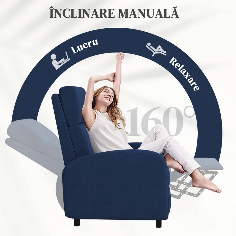 HOMCOM Fotoliu Relax Reclinabil Manual până la 160° cu Suport pentru Picioare, Albastru