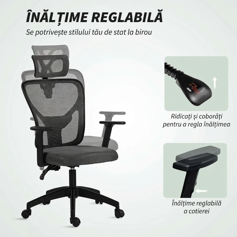 Vinsetto Scaun de birou ergonomic și reglabil cu suport lombar și tetieră, 66x61x106-116 cm, gri