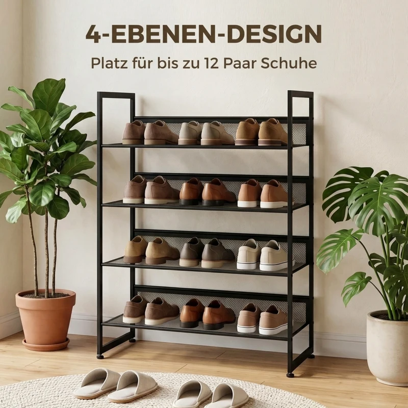HOMCOM Schoenenrek met 4 planken, 72 x 30 x 82,7 cm, zwart