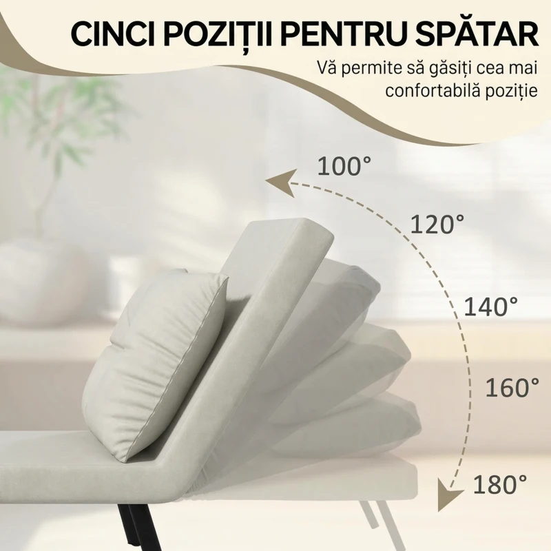 HOMCOM Fotoliu Pat 3 în 1 cu Spătar Reglabil și Pernă, din Material cu Efect de Catifea, 63x73x81 cm, Crem(m-5)