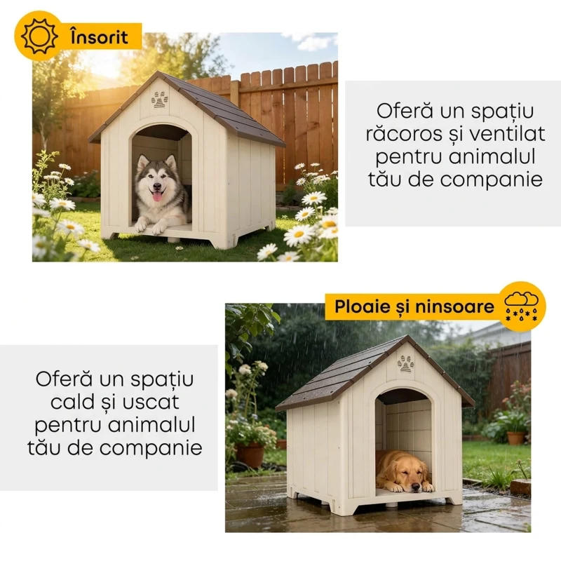 PawHut Căsuță pentru câini de exterior, talie mare și XL, căsuță din plastic impermeabil cu bază ridicată, ferestre și acoperiș înclinat pentru grădină, curte, terasă, casă, 102x94x103 cm, Bej