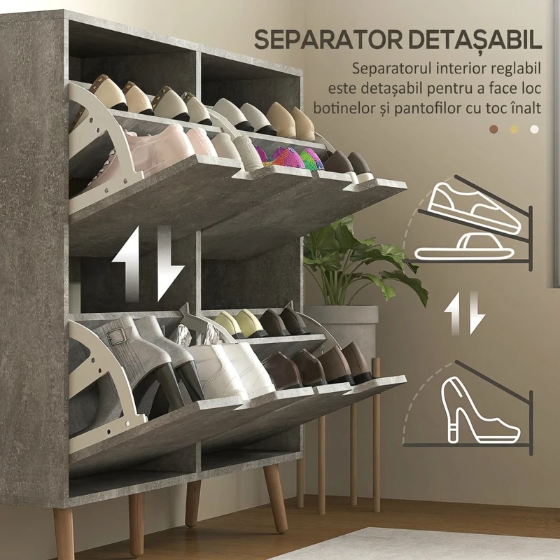 HOMCOM Dulap pentru încălțăminte cu 4 sertare rabatabile pe 2 niveluri pentru 16 perechi, din lemn, 95x26x95 cm, gri