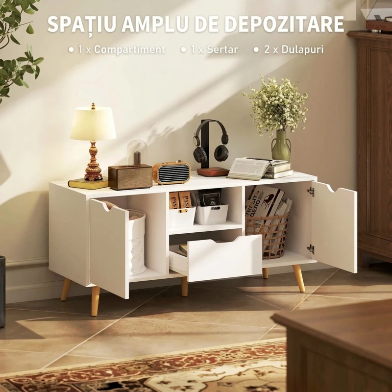 HOMCOM Comodă TV pentru ecrane de până la 50" cu Sertar, Raft Deschis și Dulapuri, 110x40x50 cm, Alb și Lemn