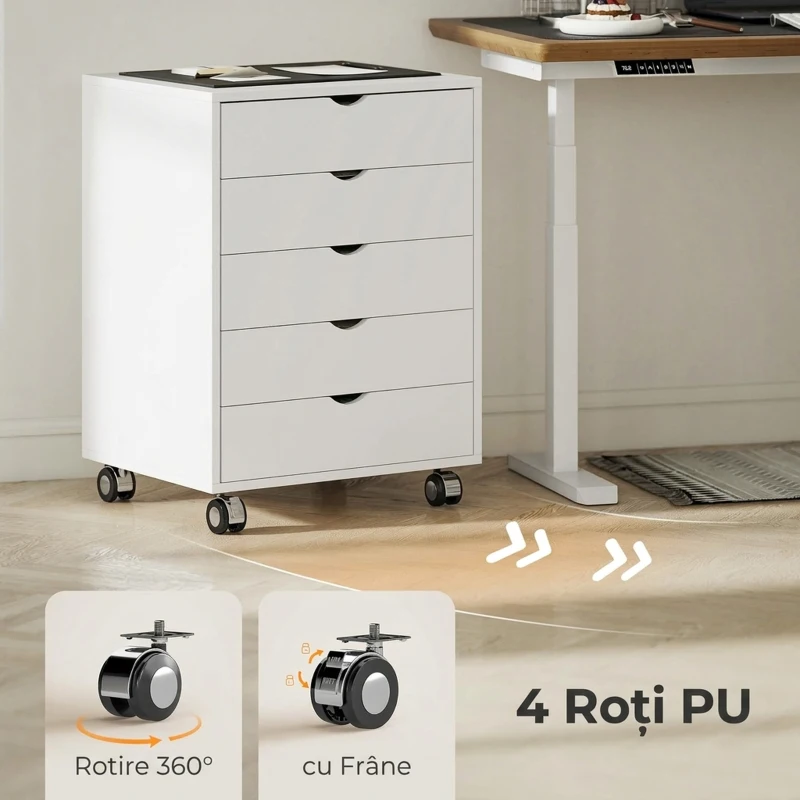 HOMCOM Dulap de Birou cu 5 Sertare pentru Documente A3, Roți și Blocare, 50x40x67,5 cm, Alb