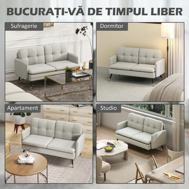 HOMCOM Divano 2 Posti in Tessuto Effetto Lino con Gambe in Acciaio e Cuscini Imbottiti, 139x68x80 cm, Bianco Crema