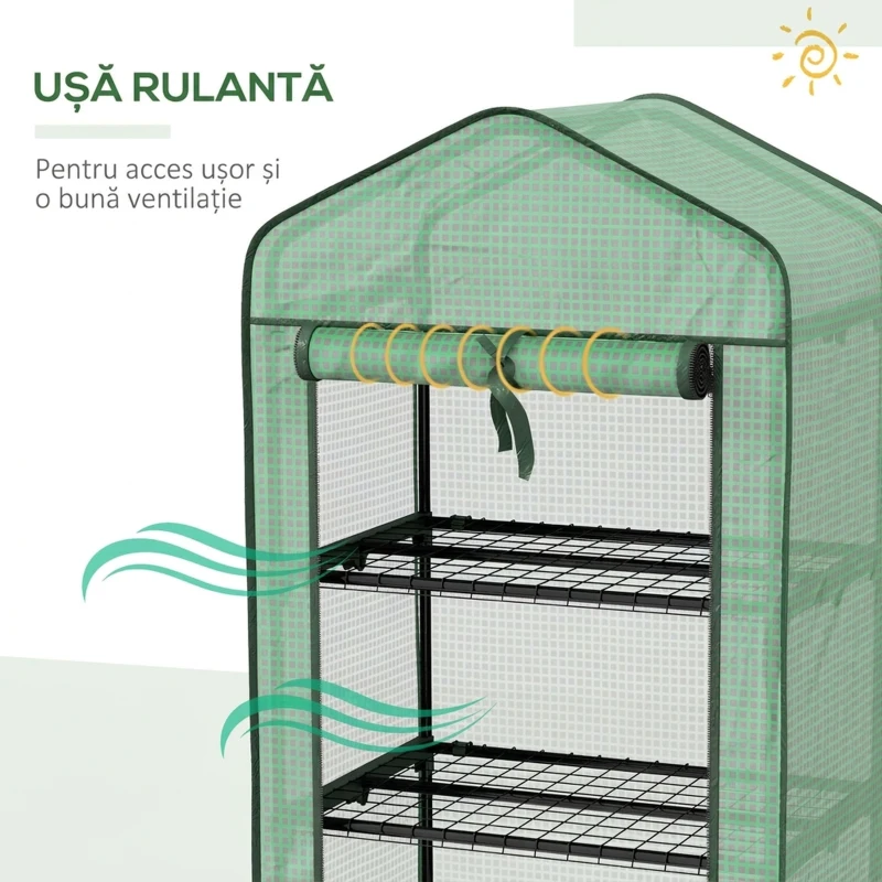 Outsunny Mini Seră de Grădină cu Acoperire din PE, 3 Rafturi și Roți, 69x49x130cm, Verde