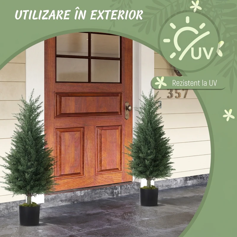 Outsunny Set 2 Plante Artificiale de Chiparos cu 362 Frunze și Ghiveci cu Ciment și Mușchi, Plante Rezistente la UV, Ø40x90 cm, Verde