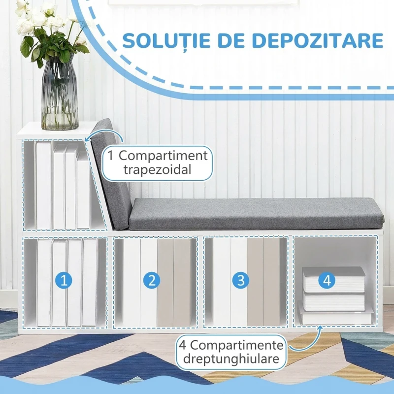 HOMCOM Bibliotecă cu 5 Rafturi Deschise și 2 Perne, Mobilier Modern din Lemn, pentru Living, Dormitor și Birou, Gri Alb