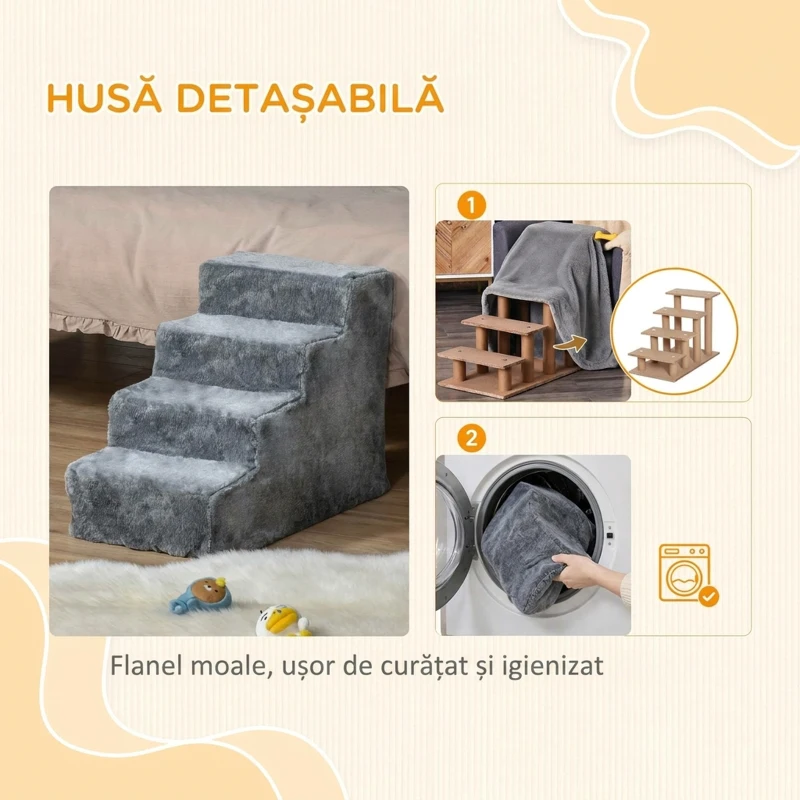 PawHut Scară portabilă pentru câini cu 4 trepte, din material catifelat detașabil și placaj, 60x35x44 cm, gri