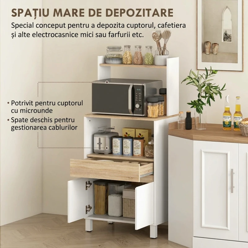 HOMCOM Dulap pentru Microunde din Lemn cu Raft, Blat Deschis, Sertar și Dulap, 60x40x131 cm, Alb