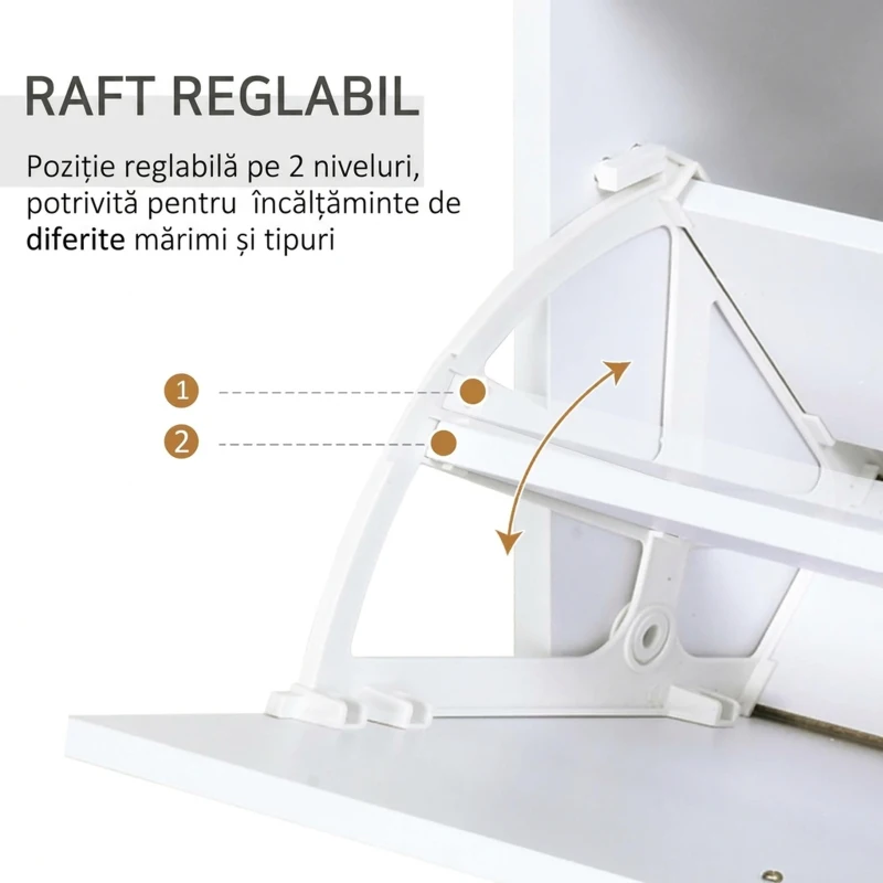 HOMCOM Dulap pentru pantofi din lemn cu 2 uși, 2 niveluri, sertar și raft din sticlă, 60x24x105.5 cm, alb