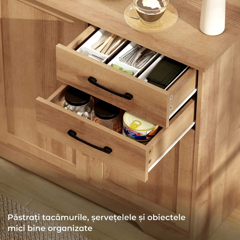 HOMCOM Dulap de Bucătărie cu 2 Sertare și 3 Dulapuri, Rafturi Ajustabile, 120x38x79 cm, Stejar