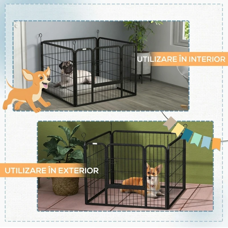 PawHut Gard pentru Câini Pliabil din Metal, pentru Interior și Exterior cu Ușă și Țăruși, 82x82x60cm Gri