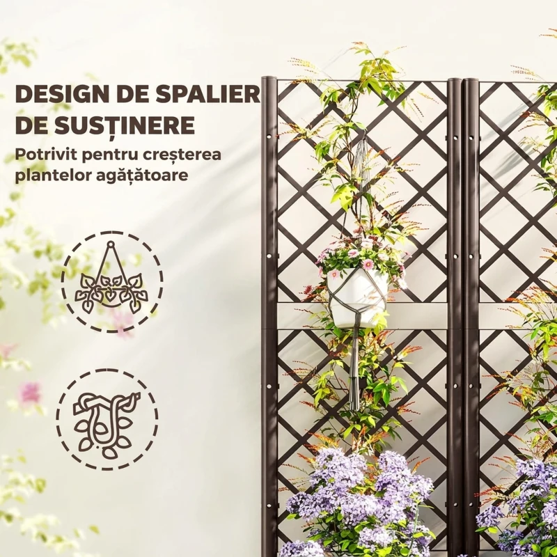 Outsunny Jardinieră Ridicată cu Spalier pentru Plante Cățărătoare și 8 Orificii de Drenaj din PP, 80x40x135 cm, Maro