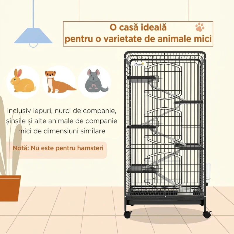 PawHut Cușcă pentru Animale Mici cu Roți, 5 Rampe și 5 Platforme, Bol și Sticlă, 61.5x44x131 cm, Negru