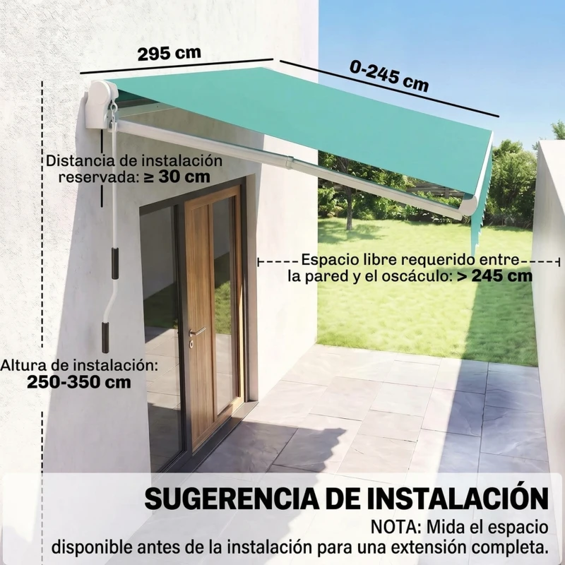 Outsunny Toldo de Pared con Brazo Articulado y Manivela Marco Resistente de Aluminio y Cubierta de Poliéster 295x245 cm Verde