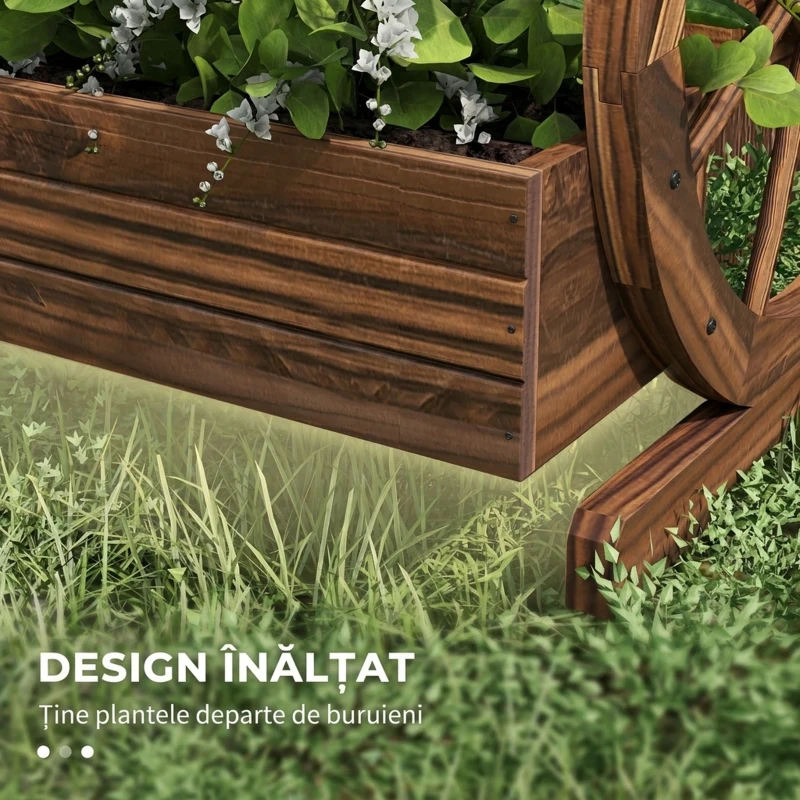 Outsunny Jardinieră în Lemn pentru Exterior pe 2 Nivele cu 3 Ghivece și Roți de Căruță în Stil Rustic, 64x54x60 cm